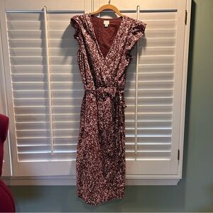 A New Day Maroon Floral Ruffle Faux Wrap Midi Dress Med